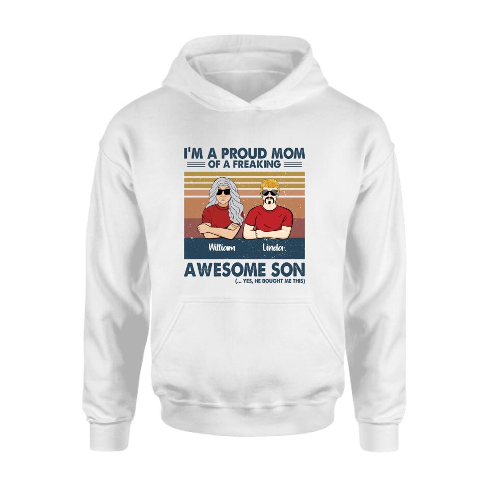 Personalized Parent With Children Shirt/Long Sleeve/Hoodie/Sweatshirt - Gift Idea For Mother's Day/Father's Day - Up to 4 Children - I'm A Proud Mom Of A Freaking Awesome Son