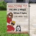 Personalized Couple With Dogs Flag Sign - Gift Idea For Couple/Dog Lover - Up to 3 Dogs - Welcome To The Dog's House