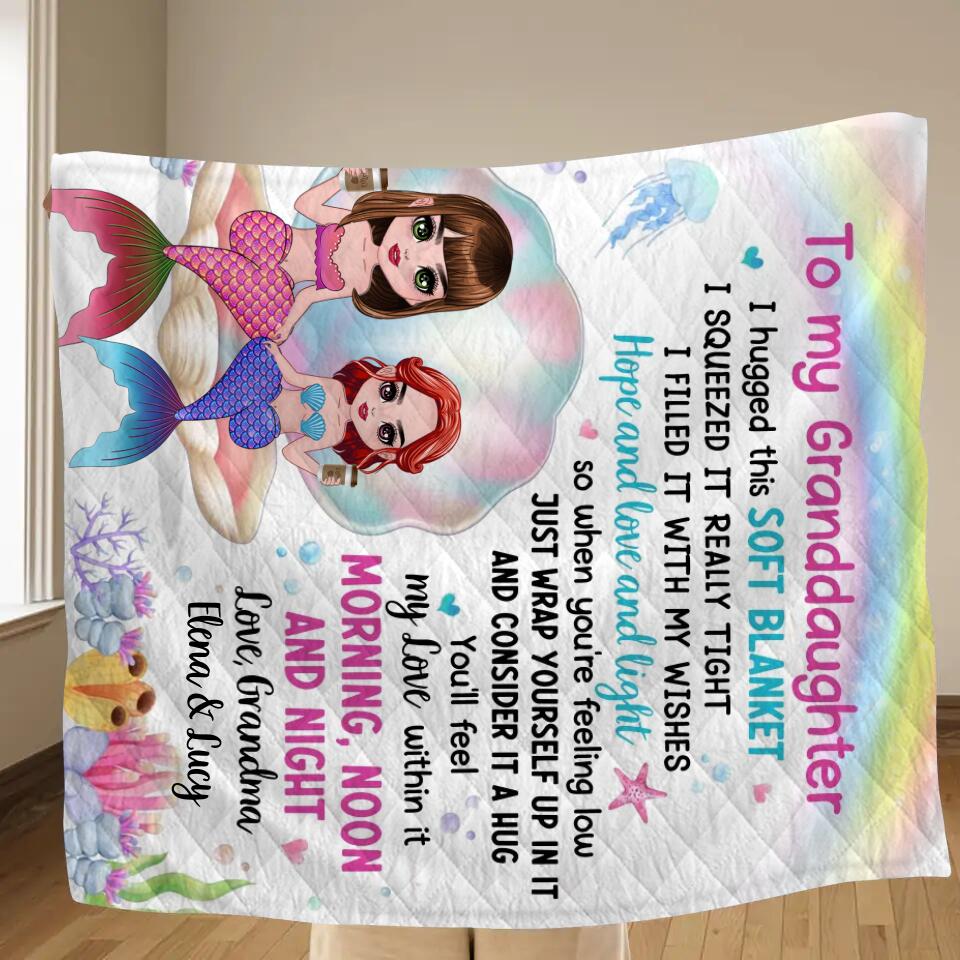 Personalized Mermaid Grandma & Granddaughter Quilt/Fleece Throw Blanket - Gift Idea For Mermaid Lover - To My Granddaughter I Hugged This Soft Blanket
