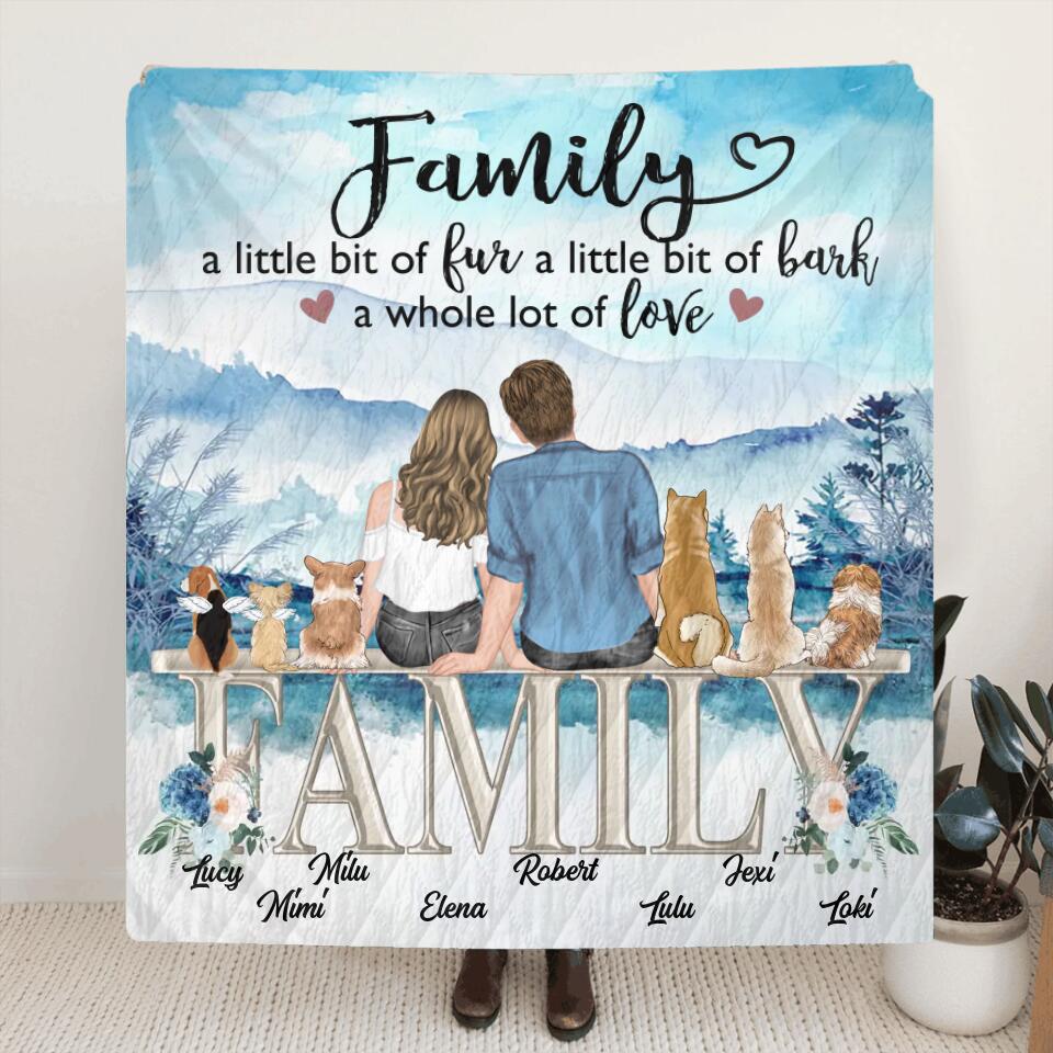 Personalized Couple With Dogs Quilt/Fleece Throw Blanket - Gift Idea For Couple/Dog Lovers - Up to 6 Dogs - Family A Little Bit Of Fur A Little Bit Of Bark A Whole Lot Of Love