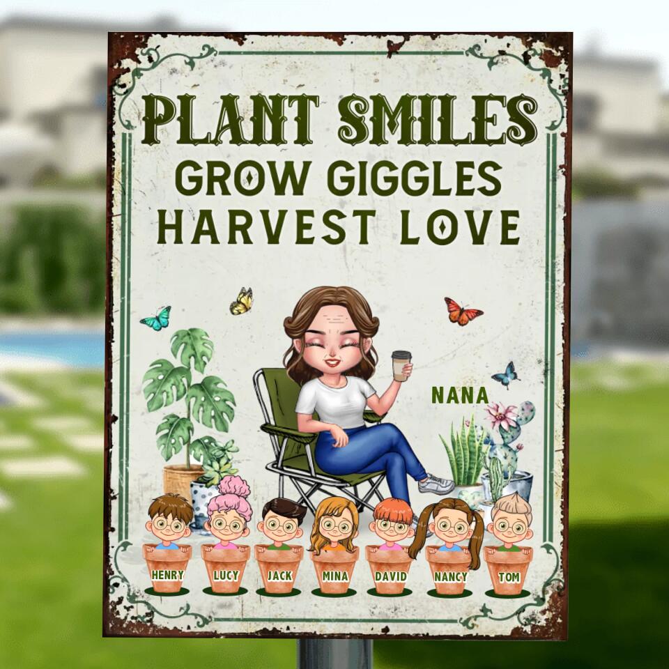 Personalized Grandma Garden Metal Sign -  Gift Idea For Grandma/Mother's Day - Up to 7 Kids - Plant Smiles Grow Giggles Harvest Love