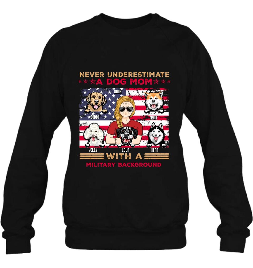 Personalized Dog Mom T-Shirt/Long Sleeve/Sweatshirt/Hoodie - Gift Idea For Mother's Day/Dog Lover - Never Underestimate A Dog Mom With A Military Background