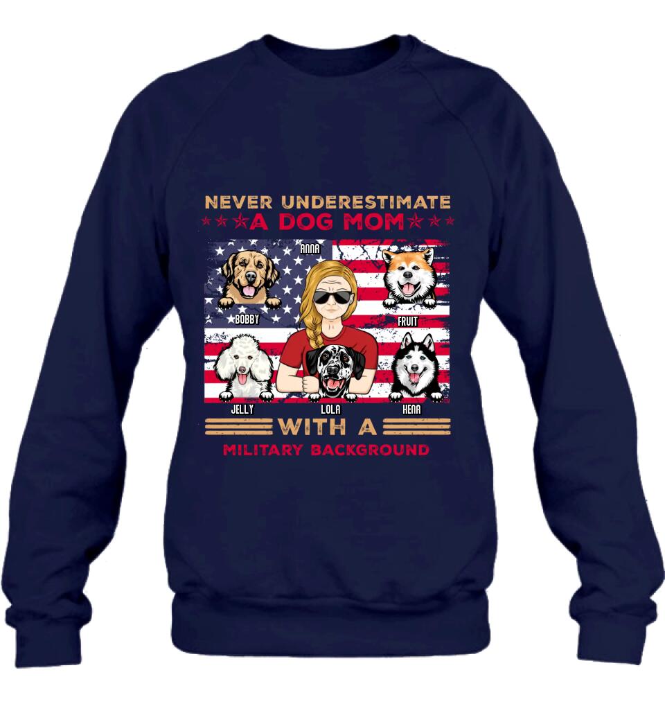 Personalized Dog Mom T-Shirt/Long Sleeve/Sweatshirt/Hoodie - Gift Idea For Mother's Day/Dog Lover - Never Underestimate A Dog Mom With A Military Background