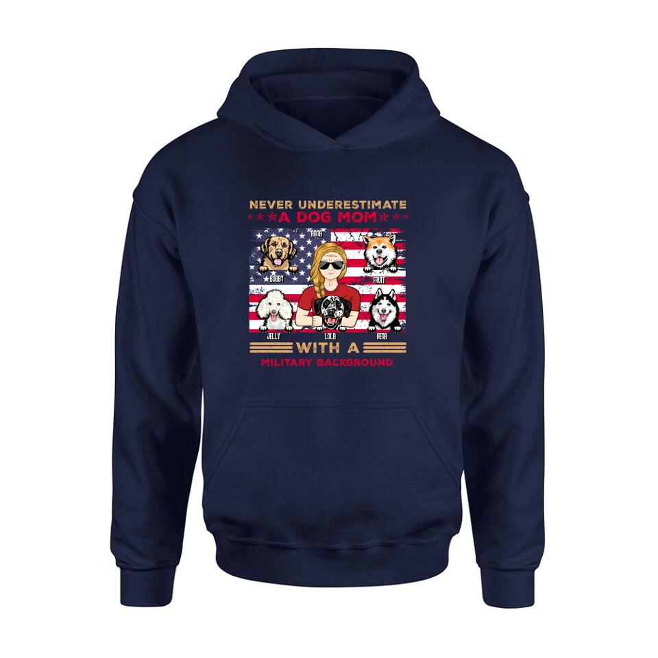 Personalized Dog Mom T-Shirt/Long Sleeve/Sweatshirt/Hoodie - Gift Idea For Mother's Day/Dog Lover - Never Underestimate A Dog Mom With A Military Background