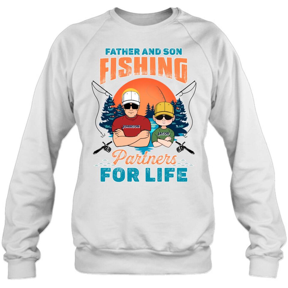 Personalized Father And Son Fishing T-Shirt/Long sleeve/Sweatshirt/Hoodie - Up to 3 Children - Gift Idea For Father/Son/Daughter/Father's Day/Fishing Lover - Father And Son Fishing Partners For Life