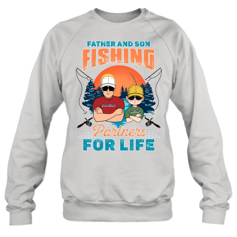 Personalized Father And Son Fishing T-Shirt/Long sleeve/Sweatshirt/Hoodie - Up to 3 Children - Gift Idea For Father/Son/Daughter/Father's Day/Fishing Lover - Father And Son Fishing Partners For Life