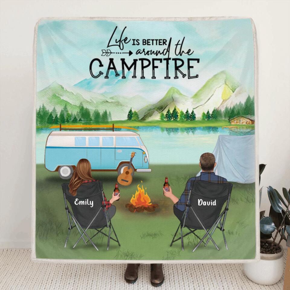 Personalized Camping Blanket - Gift For Same Sex Couple - 2 Women & 1 Dog Camping Quilt - Life is better around the campfire