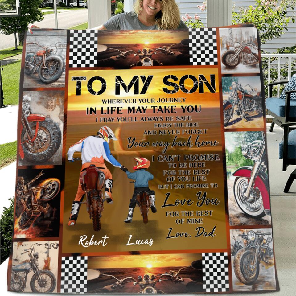 Personalized Father & Son Biker Fleece Throw Blanket/Quilt - Gift Idea For Bike Lovers From Father To Son - To My Son