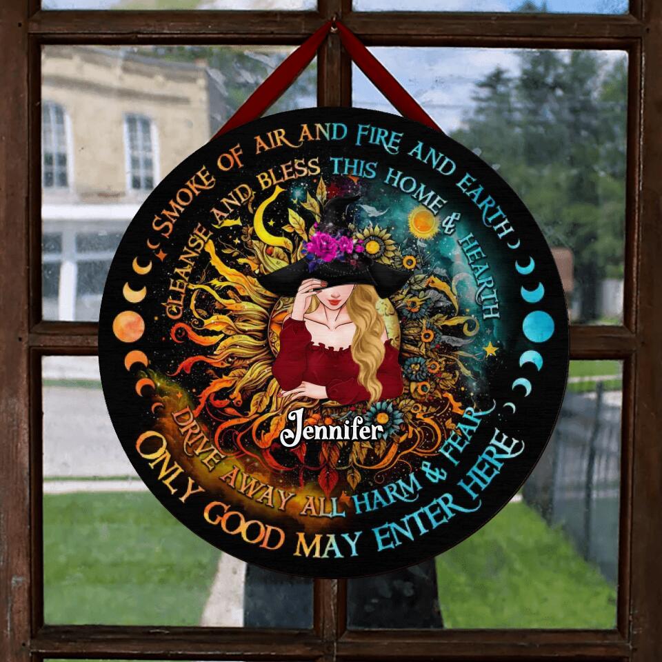 Personalized Witch Circle Door Sign - Gift Idea For Halloween/Witch Lovers - Smoke Of Air And Fire And Earth Cleanse And Bless This Home & Hearth