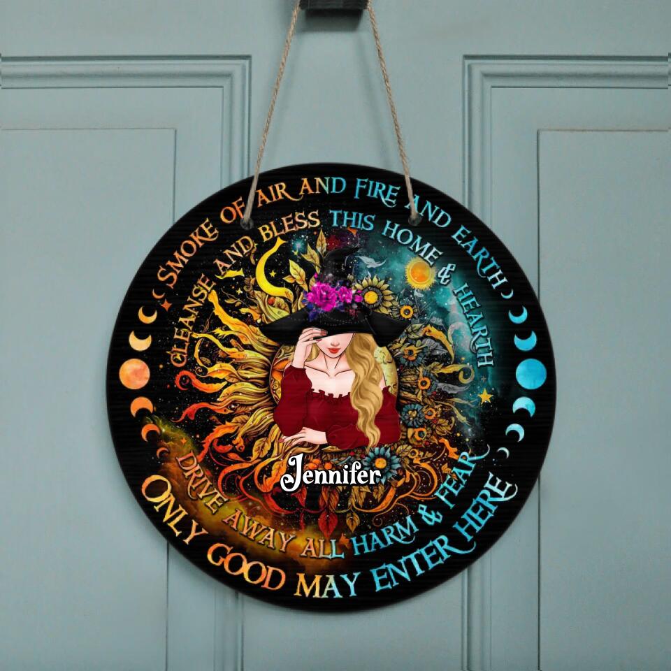 Personalized Witch Circle Door Sign - Gift Idea For Halloween/Witch Lovers - Smoke Of Air And Fire And Earth Cleanse And Bless This Home & Hearth