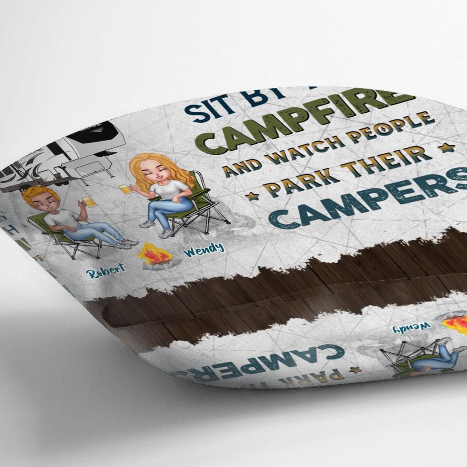 Personalized Camping Friends Pillow Cover - Up to 7 People - Gift Idea For Friends/Camping Lovers - Let's Sit By The Campfire And Watch People Park Their Campers