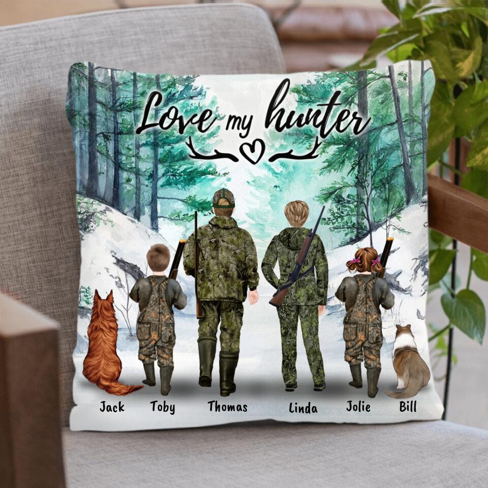 Personalized Hunting With Pets Pillow Cover/Cushion Cover - Parents With Up To 2 Kids/Couple/Single Parent/Solo Man/Woman and Pets - Best Gift For Hunting Lovers