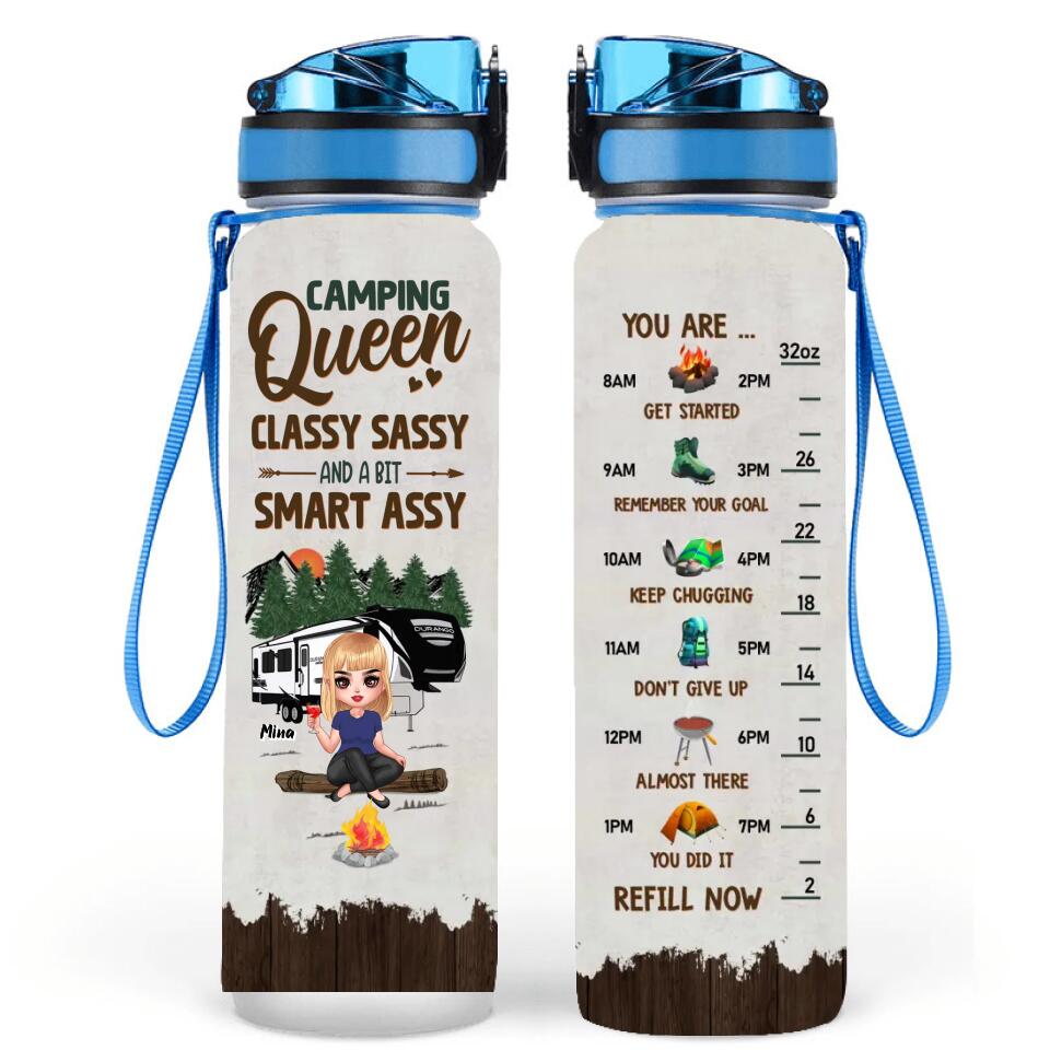 Personalized Camping Girl Water Tracker Bottle - Gift Idea For Camping Lover - Camping Queen Classy Sassy And A Bit Smart Assy