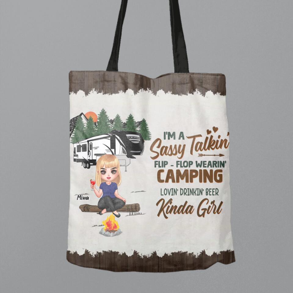 Personalized Camping Girl Canvas Bag - Gift Idea For Camping Lover - I'm A Sassy Talkin' Flip-Flop Wearin' Camping Lovin' Beer Drinkin' Kinda Girl