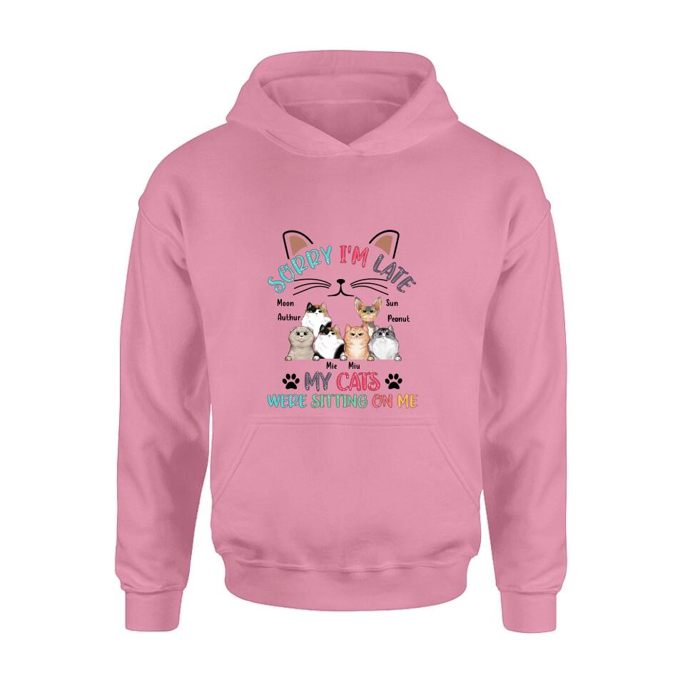 Personalized Cat T-Shirt - Gift Idea For Cat Lovers - Up to 6 Cats - Sorry I'm Late My Cats Were Sitting On Me