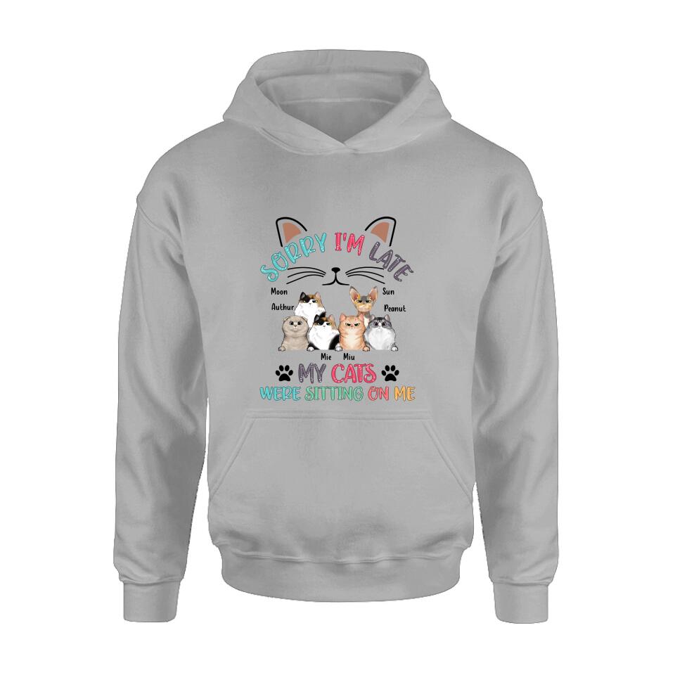 Personalized Cat T-Shirt - Gift Idea For Cat Lovers - Up to 6 Cats - Sorry I'm Late My Cats Were Sitting On Me