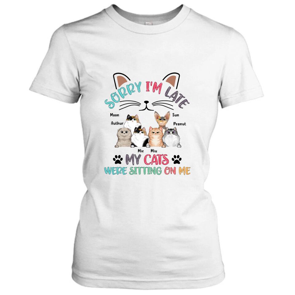 Personalized Cat T-Shirt - Gift Idea For Cat Lovers - Up to 6 Cats - Sorry I'm Late My Cats Were Sitting On Me