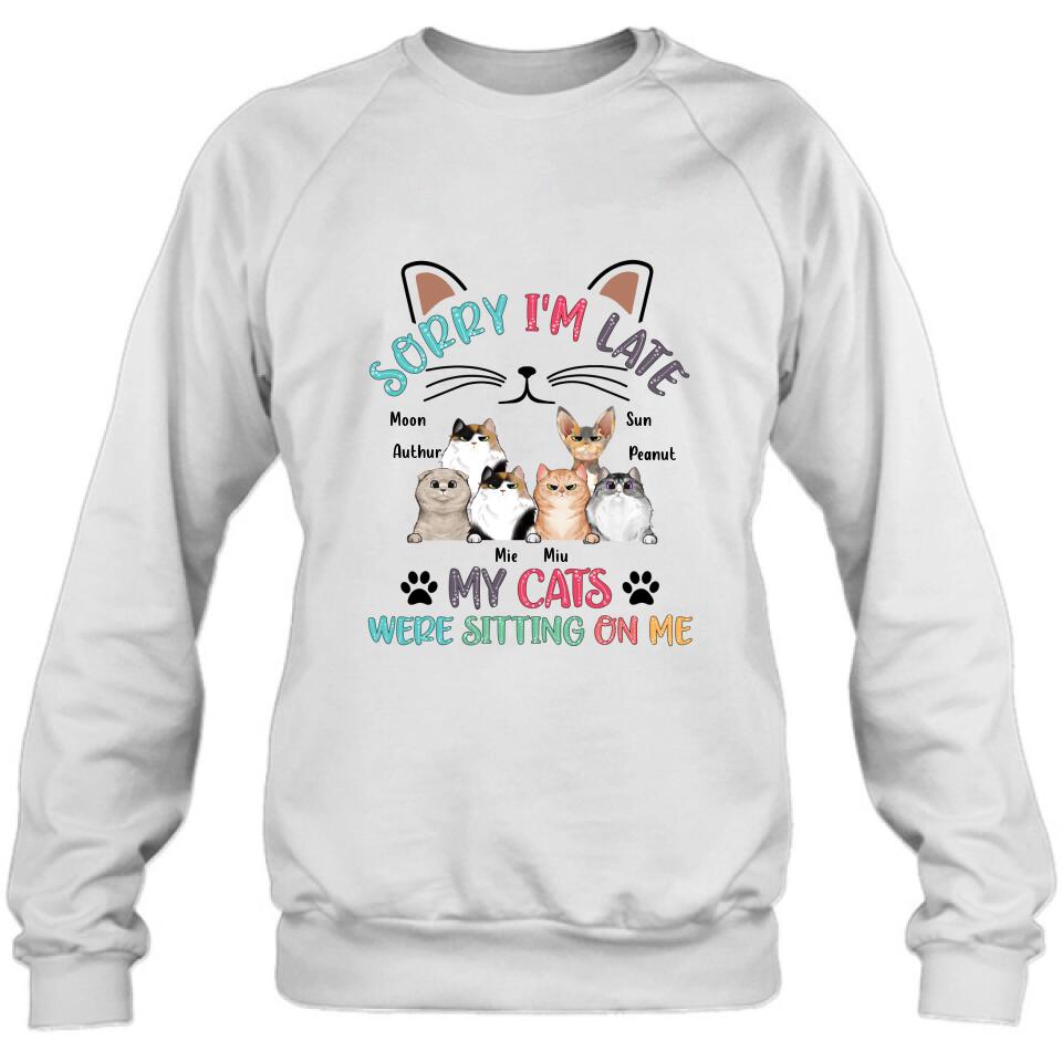 Personalized Cat T-Shirt - Gift Idea For Cat Lovers - Up to 6 Cats - Sorry I'm Late My Cats Were Sitting On Me