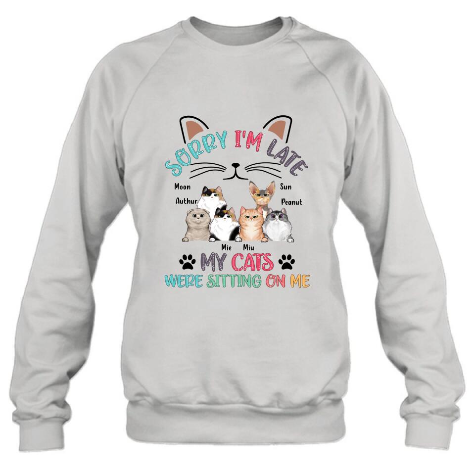Personalized Cat T-Shirt - Gift Idea For Cat Lovers - Up to 6 Cats - Sorry I'm Late My Cats Were Sitting On Me
