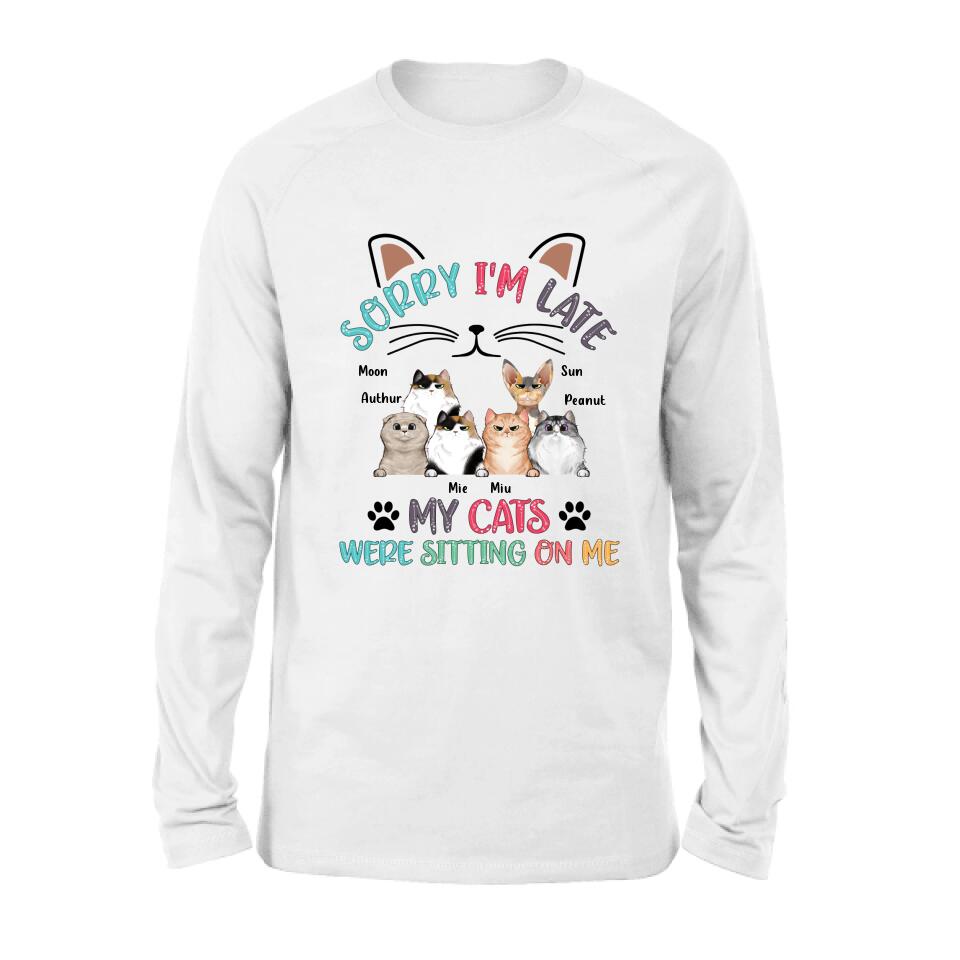 Personalized Cat T-Shirt - Gift Idea For Cat Lovers - Up to 6 Cats - Sorry I'm Late My Cats Were Sitting On Me