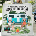 Personalized Camping Fleece Throw Blanket/Quilt - Gift For Camping Lovers - Up to 4 People - Welcome To Our Rollin' Retreat