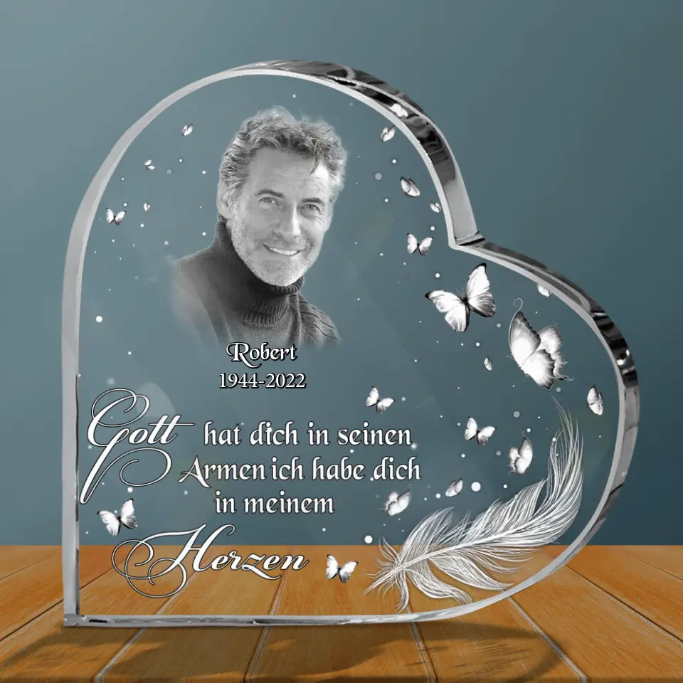 Personalized Memorial Photo Crystal Heart - German Version - Memorial Gift Idea for Father's Day/Mother's Day - Gott Hat Ditch In Seinen Armen Ich Habe Sich In Meinem Herzen