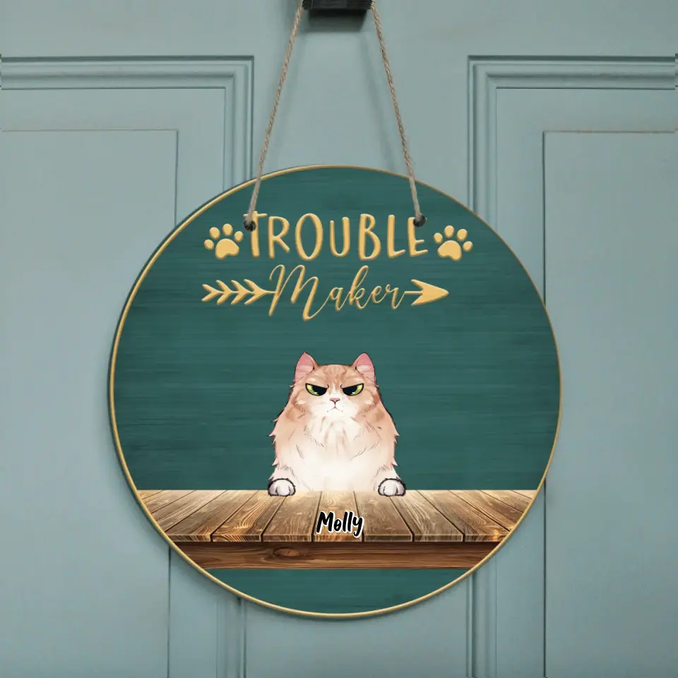 Personalized Pet Door Sign - Up to 6 Cats/Dogs - Best Gift For Cat/Dog Lover - Trouble Maker