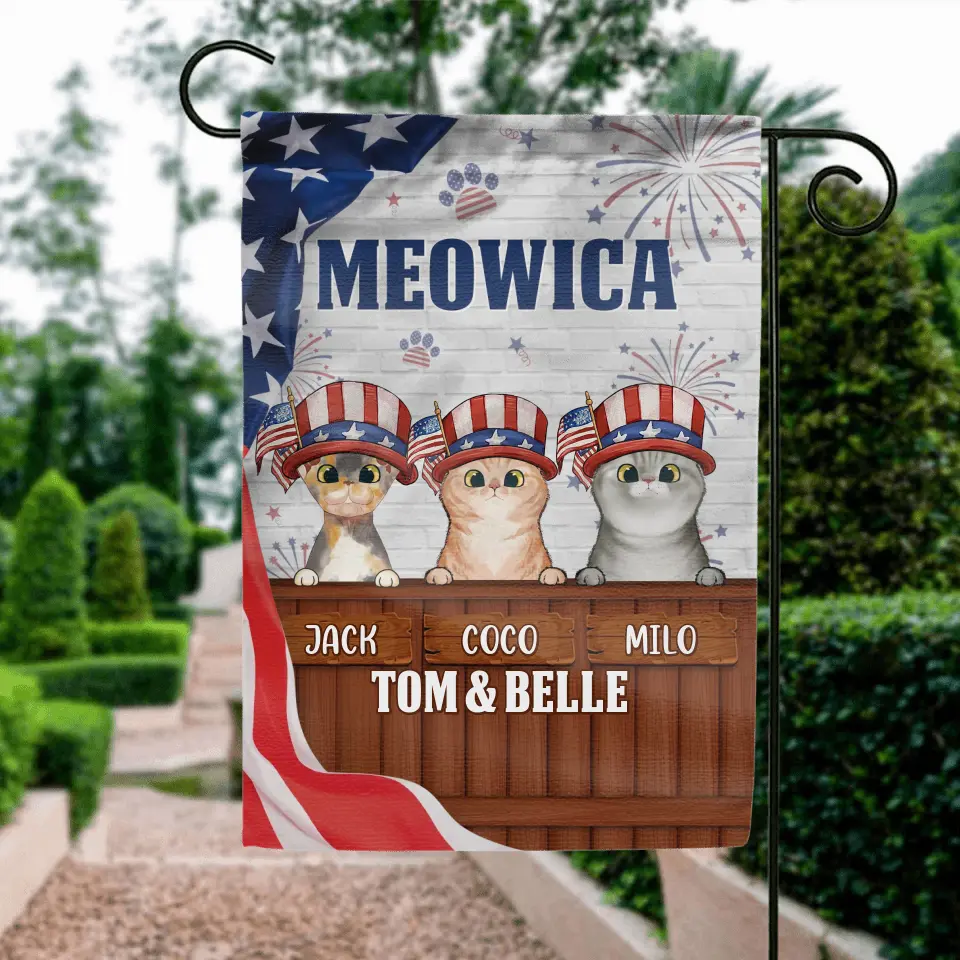 Personalized Dog/Cat Flag Sign - Up to 3 Pets - Gift Idea For Independence Day/Dog/Cat Lover - Meowica