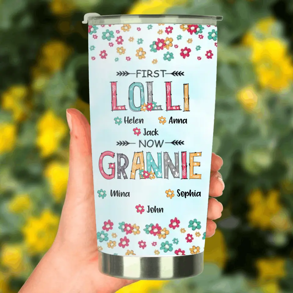 Personalized Grandma Tumbler - Up to 4 Kids And 8 Grandkids - Mother's Day Gift Idea for Grandma - First Mom Now Nana Kid And Grandkids Flower Pattern