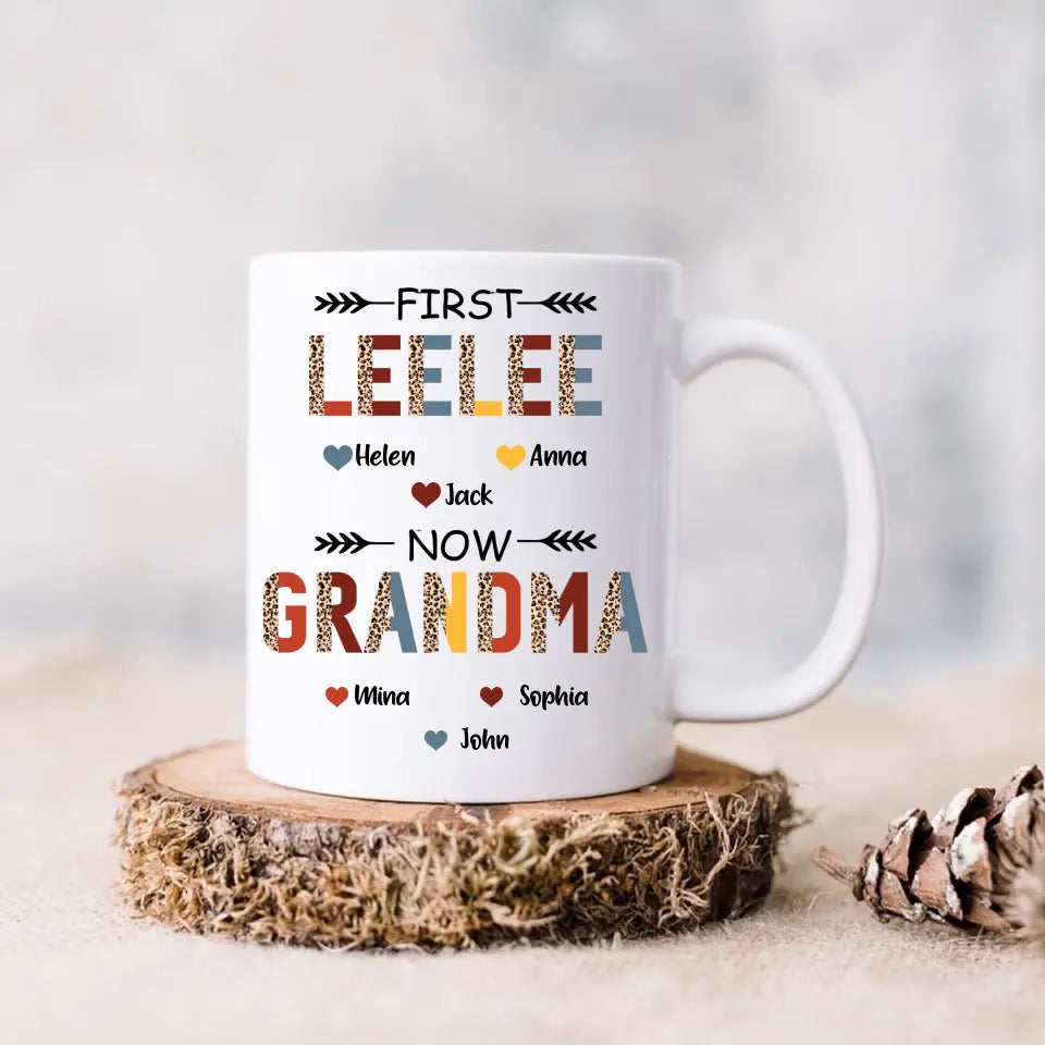 Personalized Grandma Coffee Mug - Up to 4 Kids And 8 Grandkids - Mother's Day Gift Idea for Grandma - First Mom Now Nana Kid And Grandkids Flower Pattern