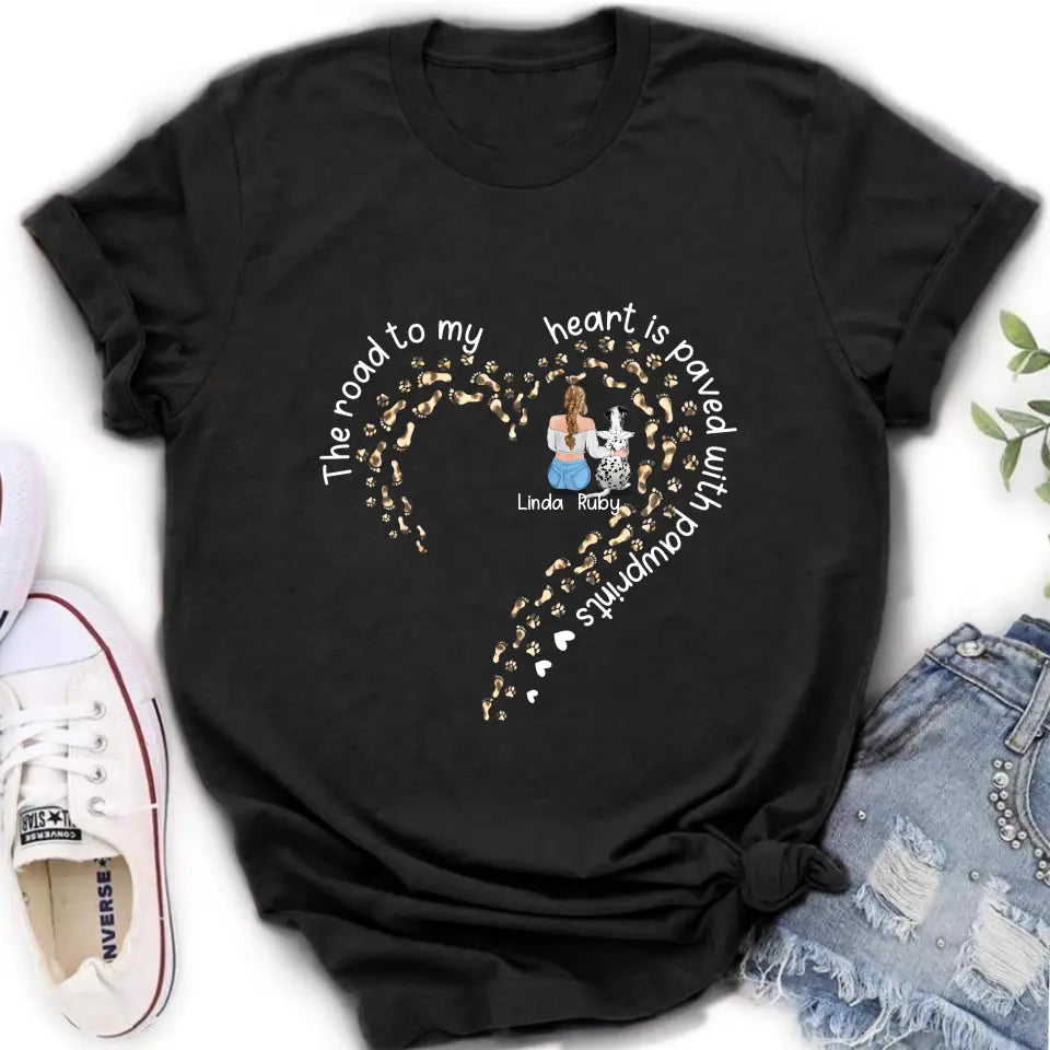 Personalized Memorial Dog With Man/Woman Shirt/Hoodie/Long sleeve/Sweatshirt - Gift Idea For Dog Lovers/Dog Owners - The Road To My Heart Is Paved With Pawprints