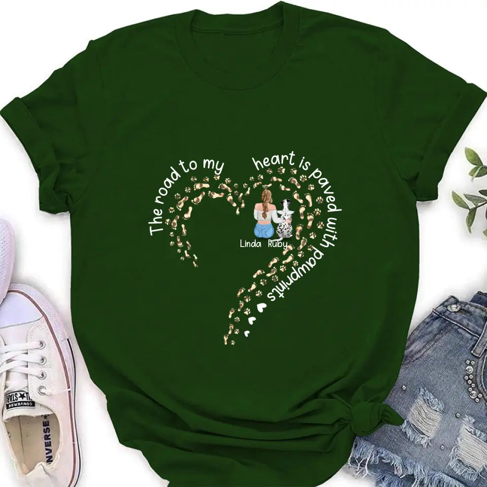 Personalized Memorial Dog With Man/Woman Shirt/Hoodie/Long sleeve/Sweatshirt - Gift Idea For Dog Lovers/Dog Owners - The Road To My Heart Is Paved With Pawprints