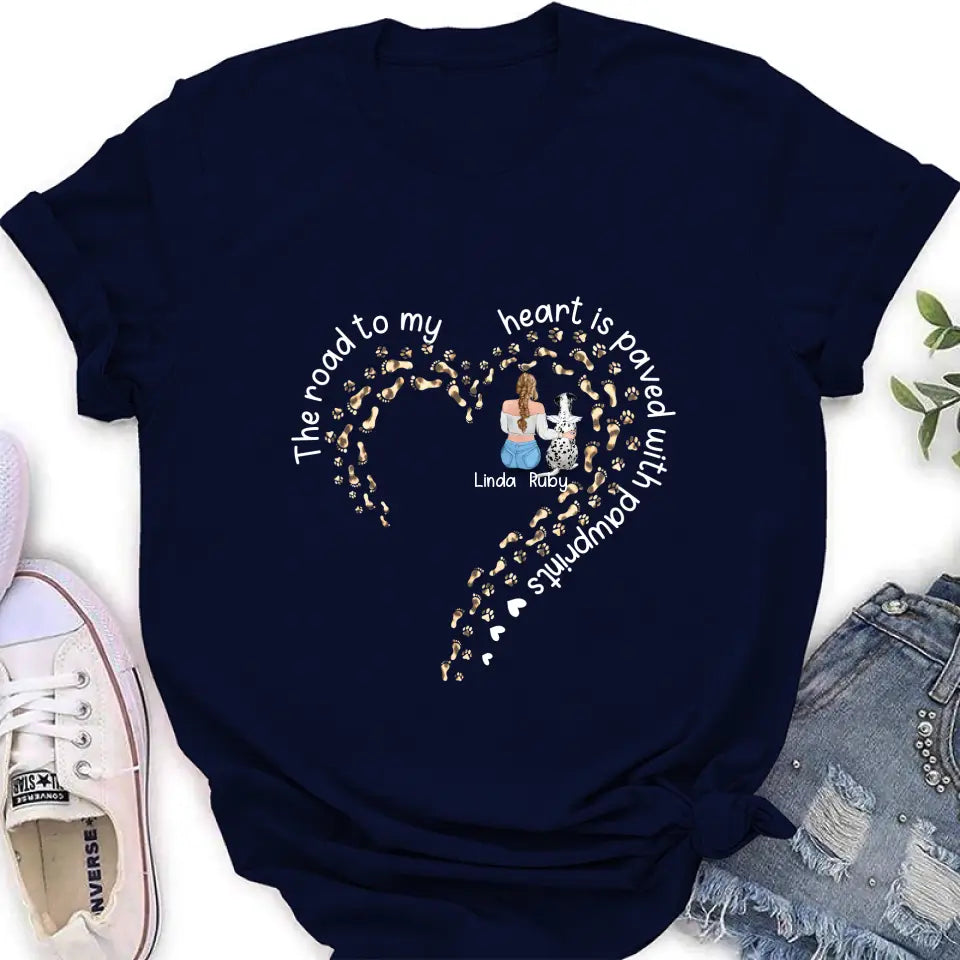 Personalized Memorial Dog With Man/Woman Shirt/Hoodie/Long sleeve/Sweatshirt - Gift Idea For Dog Lovers/Dog Owners - The Road To My Heart Is Paved With Pawprints