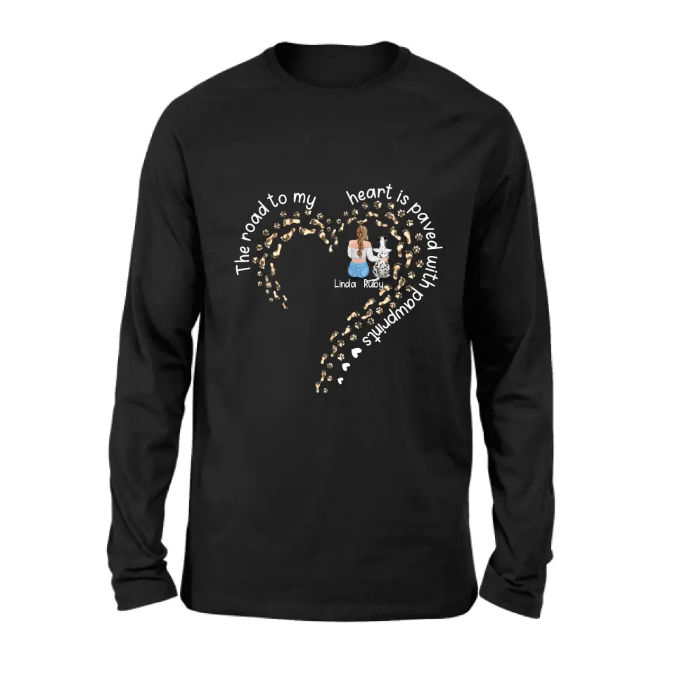 Personalized Memorial Dog With Man/Woman Shirt/Hoodie/Long sleeve/Sweatshirt - Gift Idea For Dog Lovers/Dog Owners - The Road To My Heart Is Paved With Pawprints