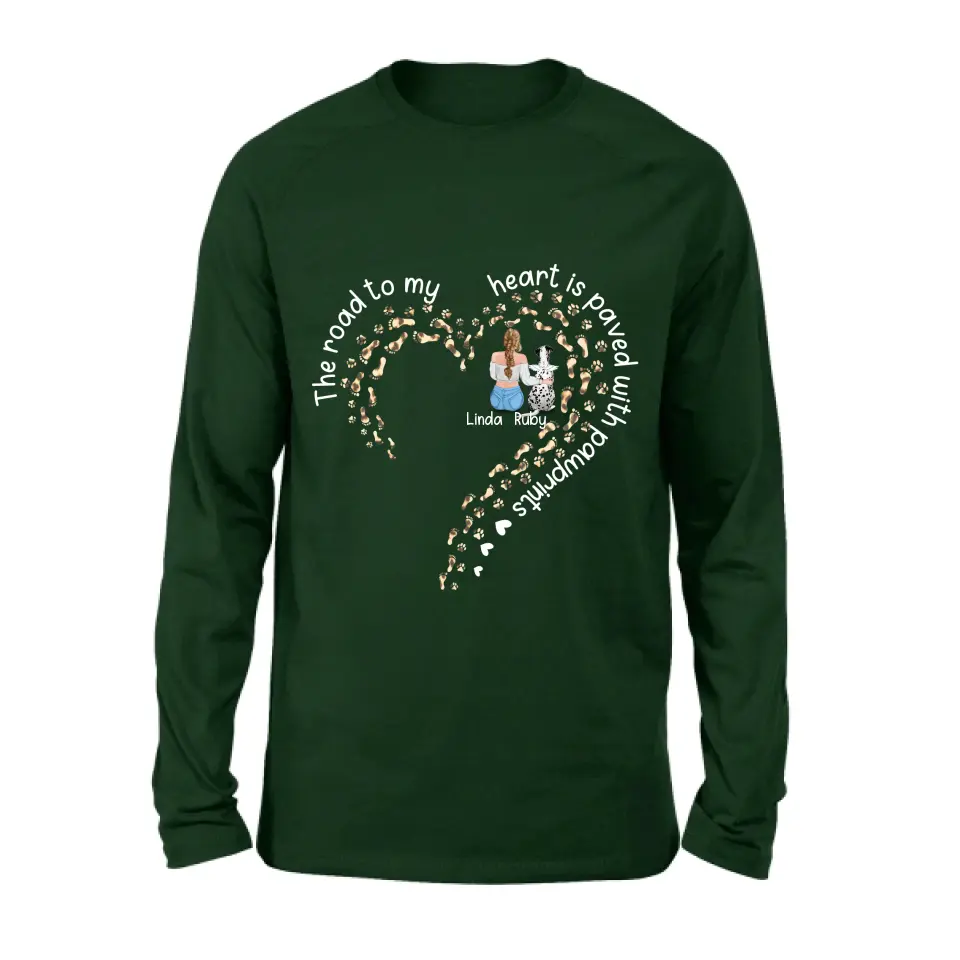 Personalized Memorial Dog With Man/Woman Shirt/Hoodie/Long sleeve/Sweatshirt - Gift Idea For Dog Lovers/Dog Owners - The Road To My Heart Is Paved With Pawprints