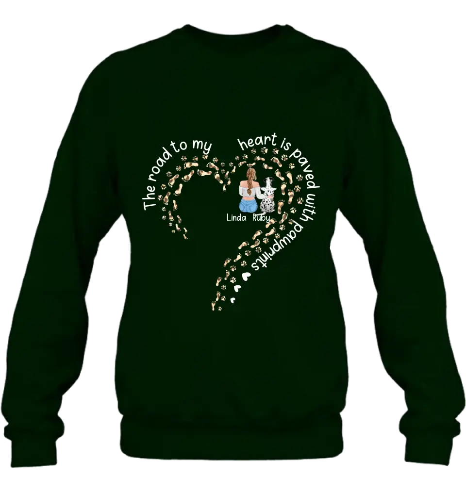Personalized Memorial Dog With Man/Woman Shirt/Hoodie/Long sleeve/Sweatshirt - Gift Idea For Dog Lovers/Dog Owners - The Road To My Heart Is Paved With Pawprints