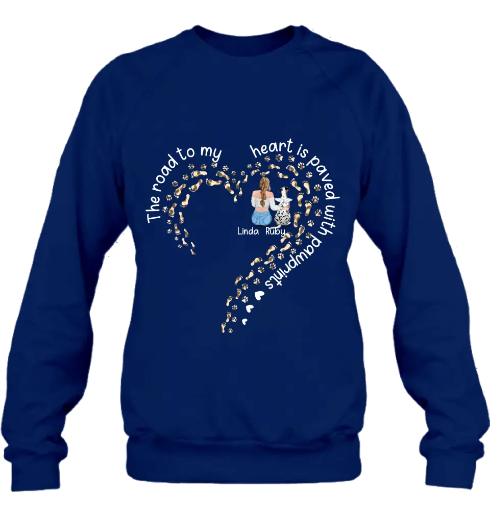 Personalized Memorial Dog With Man/Woman Shirt/Hoodie/Long sleeve/Sweatshirt - Gift Idea For Dog Lovers/Dog Owners - The Road To My Heart Is Paved With Pawprints