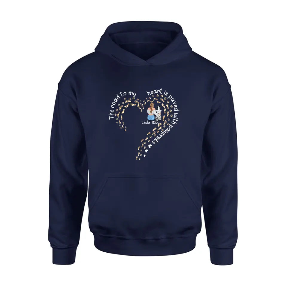 Personalized Memorial Dog With Man/Woman Shirt/Hoodie/Long sleeve/Sweatshirt - Gift Idea For Dog Lovers/Dog Owners - The Road To My Heart Is Paved With Pawprints