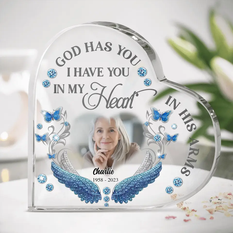 Personalized Memorial Photo Crystal Heart - Memorial Gift Idea for Mother's Day/Father's Day - God Has You In His Arms I Have You In My Heart