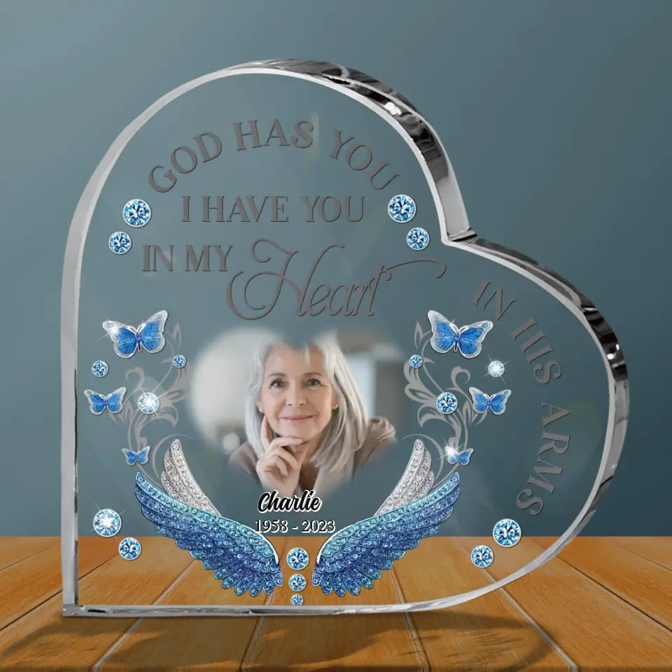 Personalized Memorial Photo Crystal Heart - Memorial Gift Idea for Mother's Day/Father's Day - God Has You In His Arms I Have You In My Heart