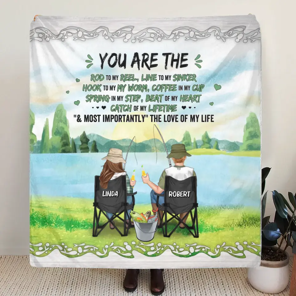 Personalized Fishing Couple Fleece Blanket/Quilt - Gift for Fishing Lovers/Couple/Husband and Wife - You Are The Rod To My Reel, Line To My Sinker