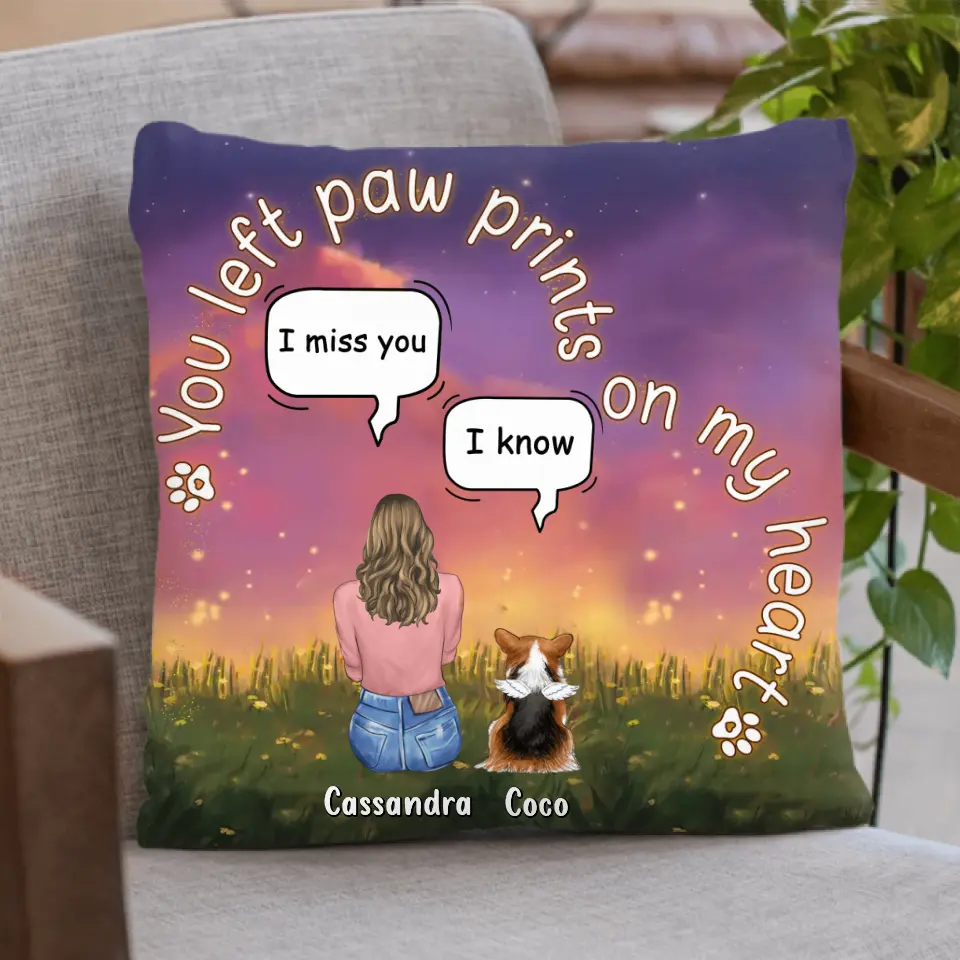 Personalized Memorial Pet Pillow Cover - Memorial Gift Idea For Pet Lover - Adult/Kid/Couple With Up to 4 Pets - Gift Idea For Couple/Dog/Cat Lover - You Left Paw Prints On My Heart