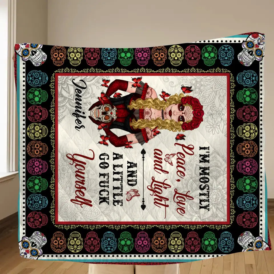 Personalized Sugar Skull Fleece Throw Blanket/Quilt  - Skull Gift For Girl - I'm Mostly Peace, Love And Light