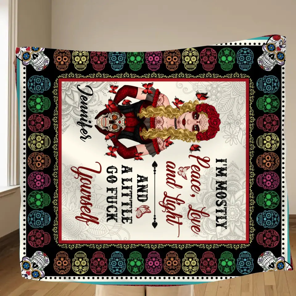 Personalized Sugar Skull Fleece Throw Blanket/Quilt  - Skull Gift For Girl - I'm Mostly Peace, Love And Light