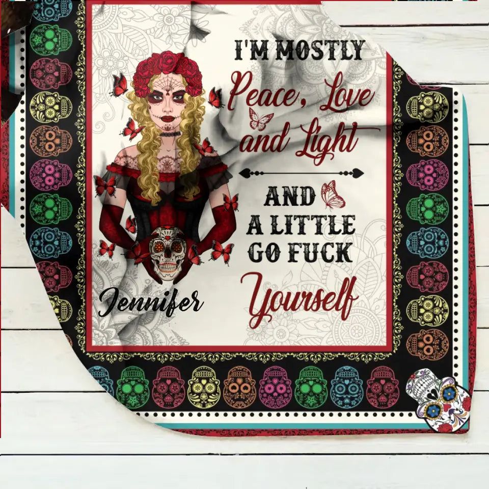 Personalized Sugar Skull Fleece Throw Blanket/Quilt  - Skull Gift For Girl - I'm Mostly Peace, Love And Light