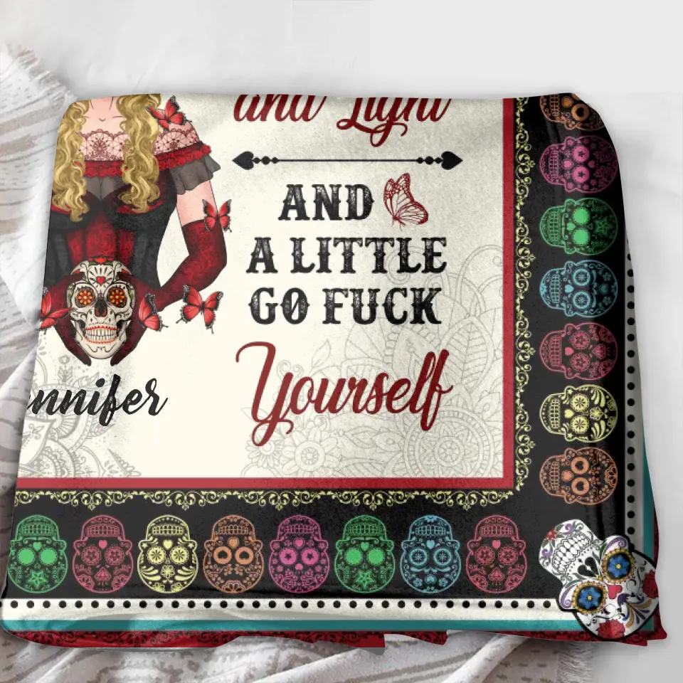 Personalized Sugar Skull Fleece Throw Blanket/Quilt  - Skull Gift For Girl - I'm Mostly Peace, Love And Light