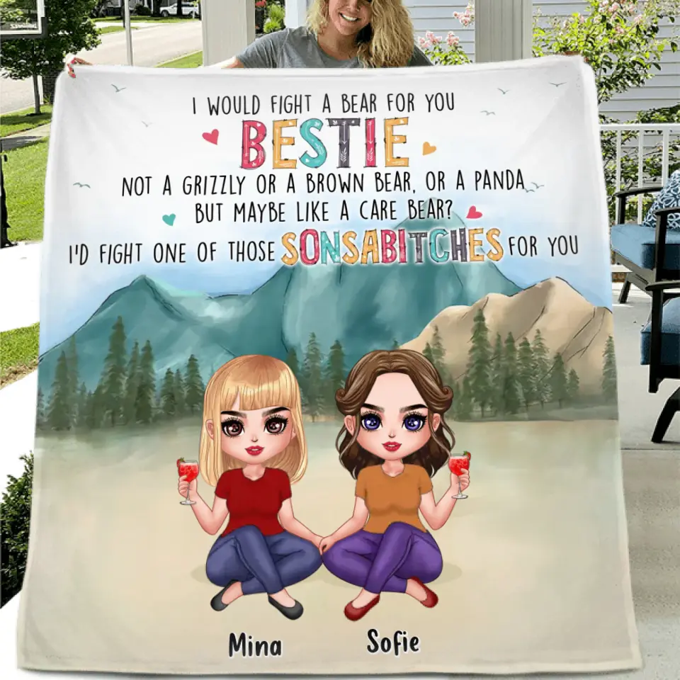 Personalized Besties Fleece Throw Blanket/Quilt - Up to 5 Girls - Gift Idea For Besties/Friends/Sisters - I Would Fight A Bear For You Bestie