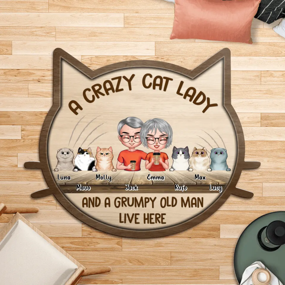 Personalized Crazy Cat Lady Area Rug - Gift For Couple/Cat Lovers with up 6 Cats - A Crazy Cat Lady and A Grumpy Old Man Live Here