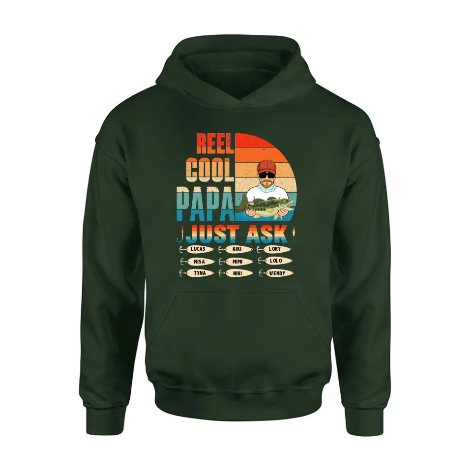 Personalized Reel Cool Dad Shirt/Hoodie - Gift Idea For Father's Day/Grandpa/Fishing Lovers - Up to 9 Kids - Reel Cool Papa Just Ask