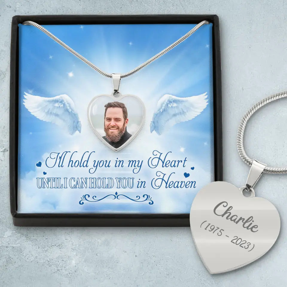 Personalized Memorial Photo Heart Necklace With Message Card - Memorial Gift Idea For Father's Day - I Will Hold You In My Heart Until I Can Hold You In Heaven
